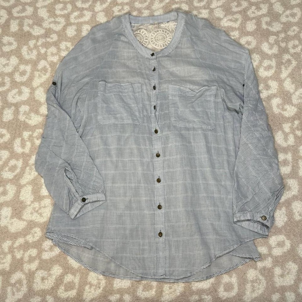 Free People Lace-Back Blouse Blue Grey Striped Boho Button Down S